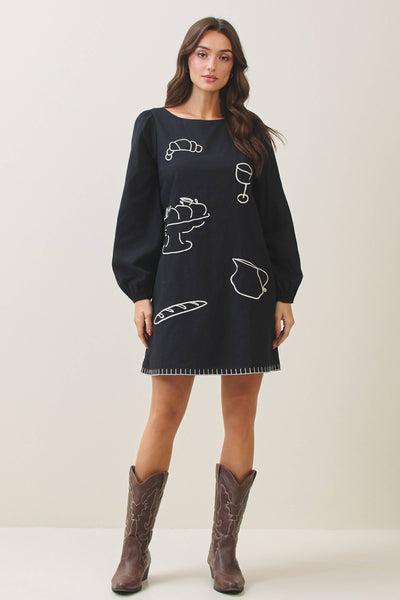 Embroidered cotton mini dress: Black