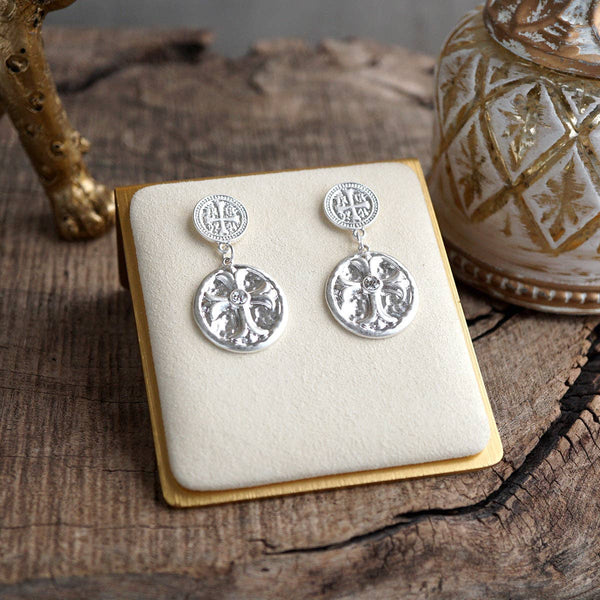 Faith & Relic – Cross Coin Dangle Earrings in Worn Gold or Silver: Silver