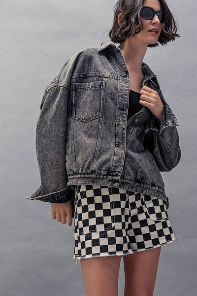 Oversized Button Up Pleated Back Western Jacket: Black
