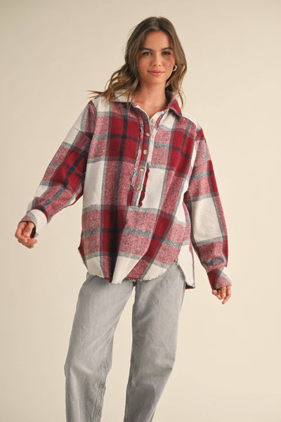 PLAID PATTERN PULLOVER TOP WITH POCKET: NAVY PLAID