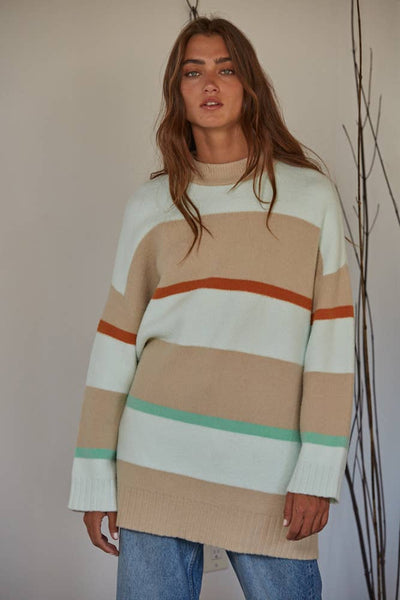 Knit Viscose Polyester Nylon Striped Sweater: Taupe Multi