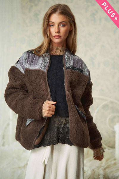 PLUS FUR SIDE POCKET LONG SLEEVE ZIPPER JACKET: Mocha