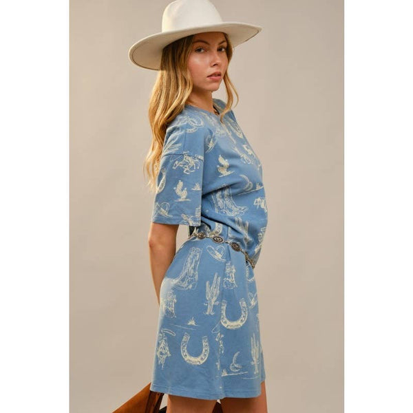 Western Printed Short Sleeve Shirts Dress: MEDIUM BLUE