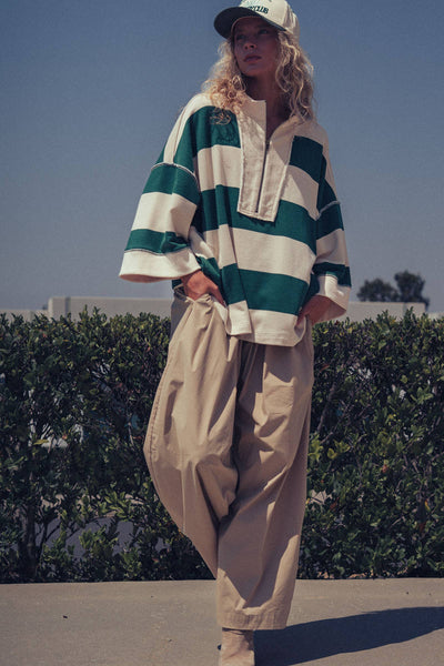 Oversized Half Zip Bold Stripe Statement Pullover Sweatshirt: CREAM GREEN