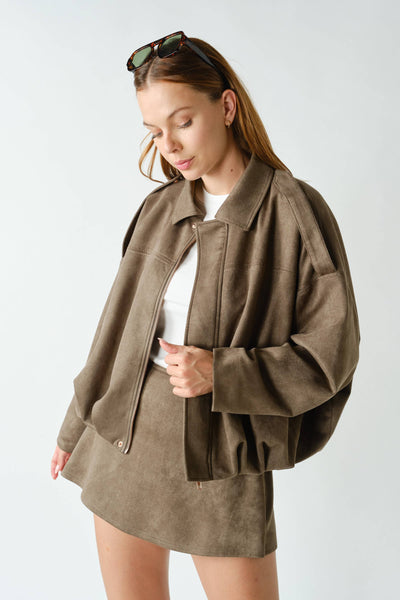 MOJAVE SUEDE-FINISH ZIP-FRONT JACKET: TRUFLE