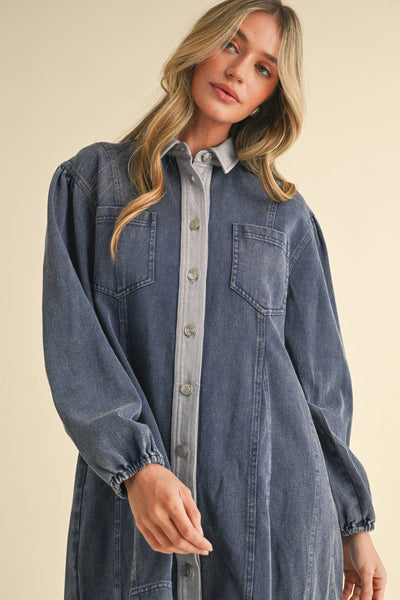 WASHED DENIM BUTTON DOWN FLARED MINI DRESS MDR3385: Indigo