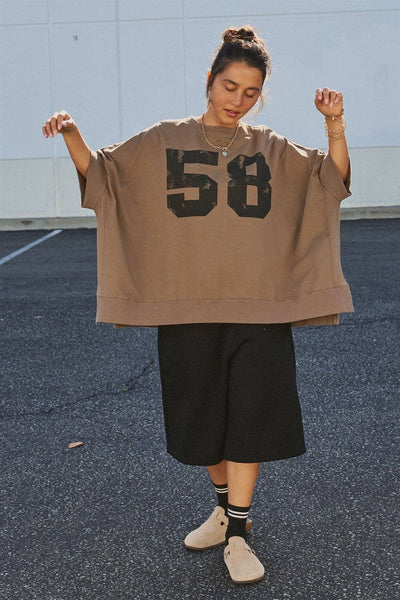 Retro Graphic Oversized French Terry Top: Brown / ONE SIZE