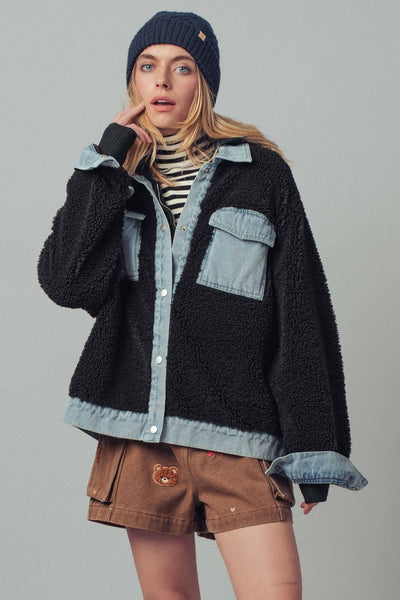 Denim Contrast Sherpa Mixed-Media Shacket: Black