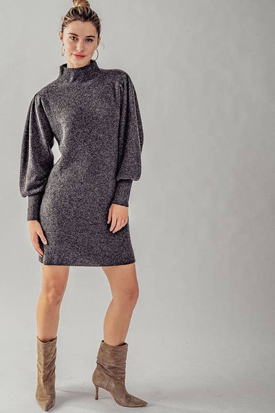Balloon Sleeve Mock Neck Sweater Dress: HUNTER GREEN / S-2/M-2/L-2