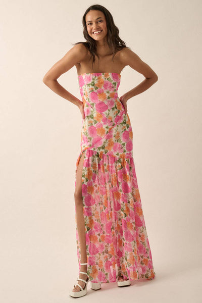 Strapless Asymmetric-Seam Floral Woven Maxi Dress: Off White-Pink