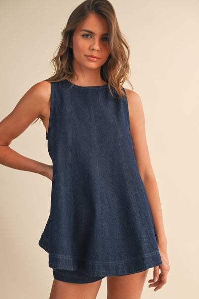 IST6095 DENIM LONGLINE SLEEVELESS TOP AND SHORTS SET: LT DENIM / M
