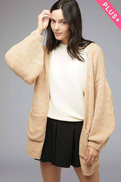 PLUS KNIT LONG SLEEVE CARDIGAN: Light Tan