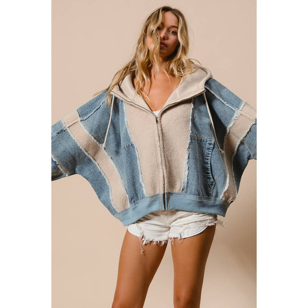 WASHED AND FLEECE MIX AND MATCH ZIP UP HOODIE: DENIM/IVORY