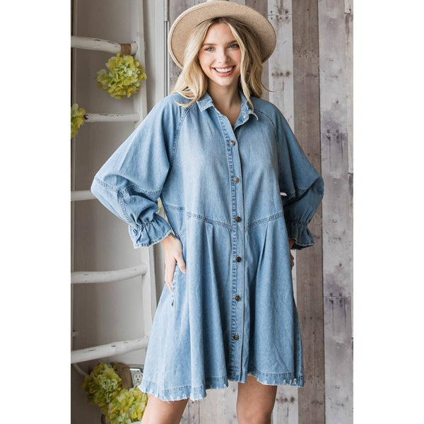 Overfit Button Down Denim Shirt Dress: Black