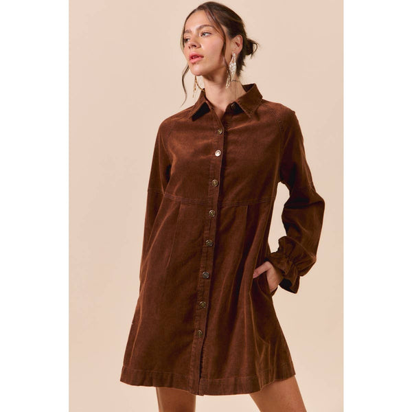 WASHED CORDUROY BUTTON DOWN SHIRT MINI DRESS: BROWN