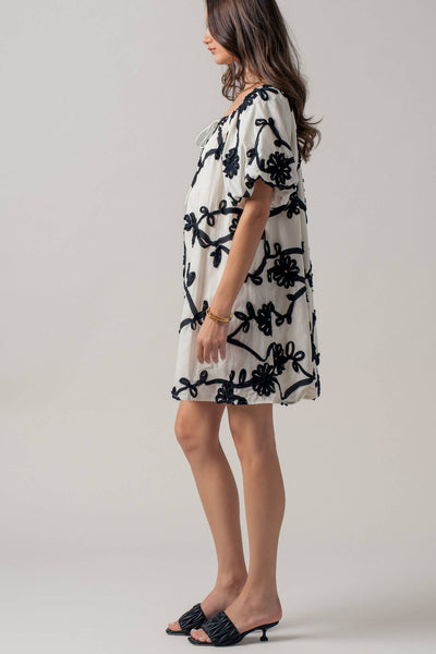 Floral Embroidery Off-Shoulder Puff Sleeve Mini Dres: IVORY / S-2/M-2/L-2