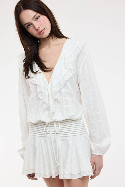 CHECKED PATTERN WIDE COLLAR FRILL LACE MINI DRESS: WHITE