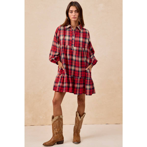 PLAID WOVEN SHRRING BUTTONED TIERED SHIRT DRESS: CAMEL MULTI / XL