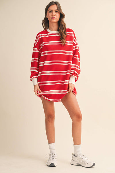 STRIPED LOVE SLEEVE OVERSIZED SWEATSHIRT DRESS: Red