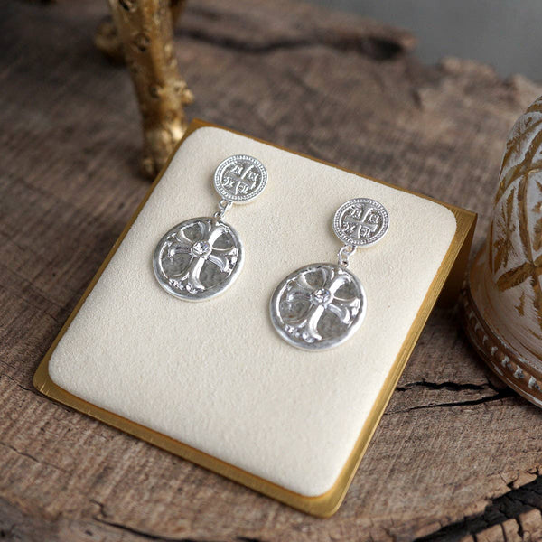Faith & Relic – Cross Coin Dangle Earrings in Worn Gold or Silver: Silver