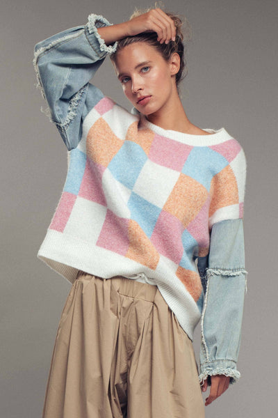 Checkered Knit with Denim Sleeves Crewneck Sweater: PINK COMBO