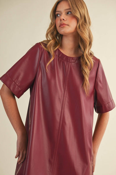 FLARED SHORT SLEEVE SWING MINI DRESS WINE