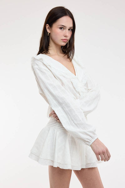 CHECKED PATTERN WIDE COLLAR FRILL LACE MINI DRESS: WHITE