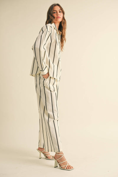 STRIPE STRAIGHT LEGS PANTS WITH ELASTIC BAND: BLACK STRIPE