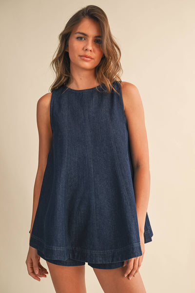 IST6095 DENIM LONGLINE SLEEVELESS TOP AND SHORTS SET: LT DENIM / S