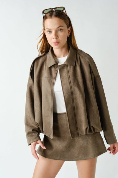 MOJAVE SUEDE-FINISH ZIP-FRONT JACKET: TRUFLE