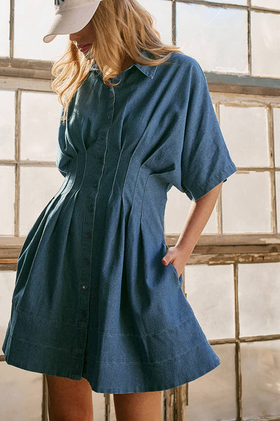 Tailored Waist Short Sleeve Denim Shirtdress: DENIM BLUE / S-M-L:2-2-2
