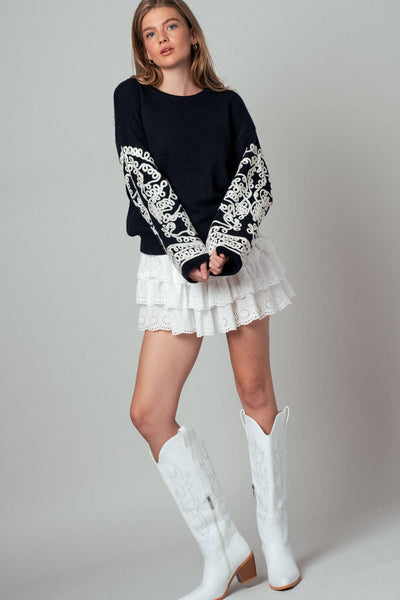 Embroidered Sleeve  Knit Sweater: BLACK IVORY