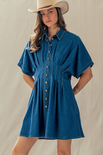 Tailored Waist Short Sleeve Denim Shirtdress: DENIM BLUE / S-M-L:2-2-2