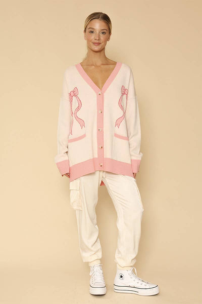 Varsity knit bow cardigan: Pink multi