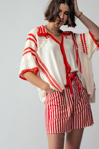 Striped High-Rise Denim Shorts: RED