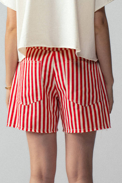 Striped High-Rise Denim Shorts: RED
