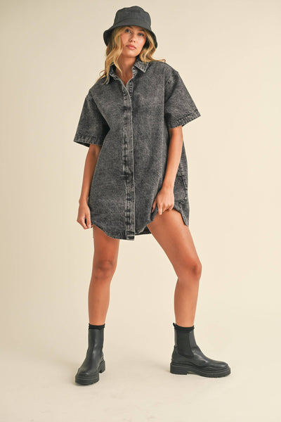 SHORT SLEEVE HIDDEN BUTTON DOWN DENIM SHIRT DRESS