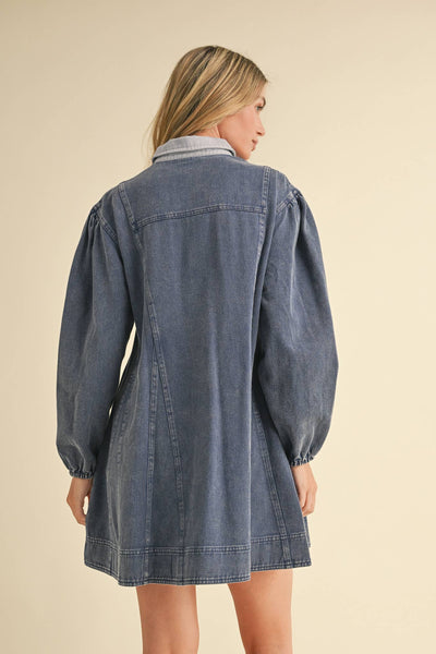 WASHED DENIM BUTTON DOWN FLARED MINI DRESS MDR3385: Indigo