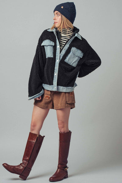 Denim Contrast Sherpa Mixed-Media Shacket: Black