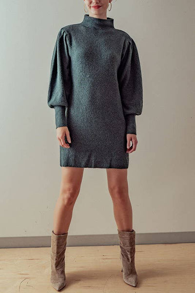 Balloon Sleeve Mock Neck Sweater Dress: HUNTER GREEN / S-2/M-2/L-2