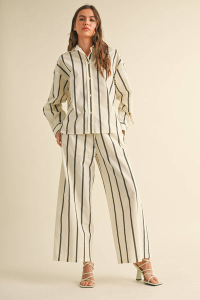 STRIPE STRAIGHT LEGS PANTS WITH ELASTIC BAND: BLACK STRIPE