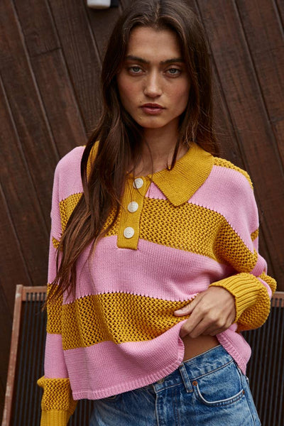 Knit Sweater Cotton Acrylic Collar Neck Top: Mustard Pink
