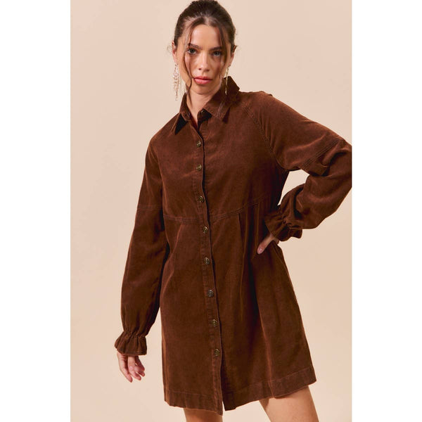 WASHED CORDUROY BUTTON DOWN SHIRT MINI DRESS: BROWN