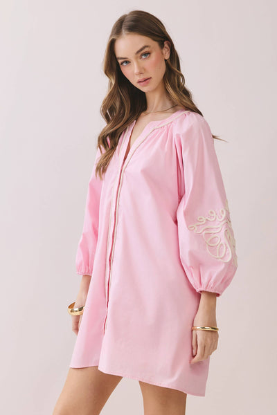 Embroidered Sleeve Baby Doll Button Down Mini Dress: BABY PINK