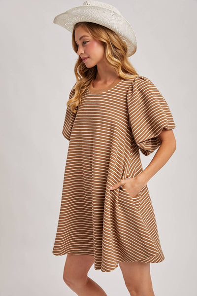 PUFF SLEEVES BILLOWY SILHOUETTE STRIPED DRESS: LATTE