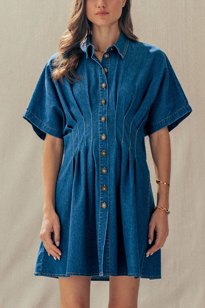 Tailored Waist Short Sleeve Denim Shirtdress: DENIM BLUE / S-M-L:2-2-2