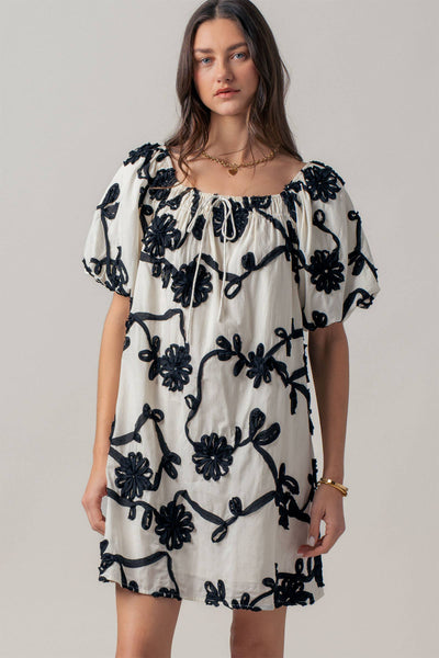 Floral Embroidery Off-Shoulder Puff Sleeve Mini Dres: IVORY / S-2/M-2/L-2