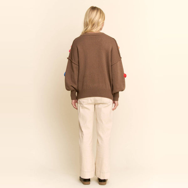 3D Floral Applique Crewneck Sweater: Mocha