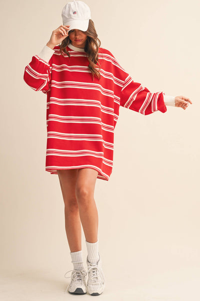 STRIPED LOVE SLEEVE OVERSIZED SWEATSHIRT DRESS: Red