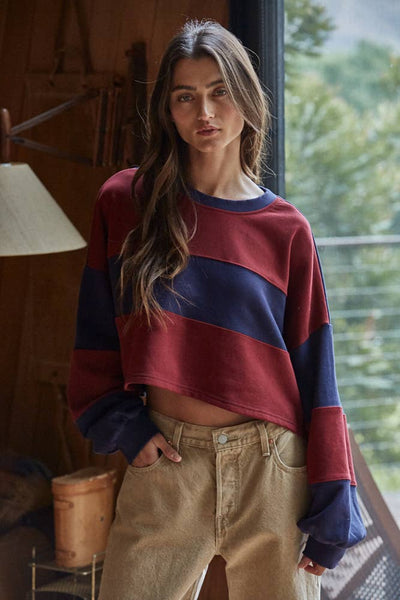 Knit Cotton Striped Cropped Pullover Top: Navy Burgundy